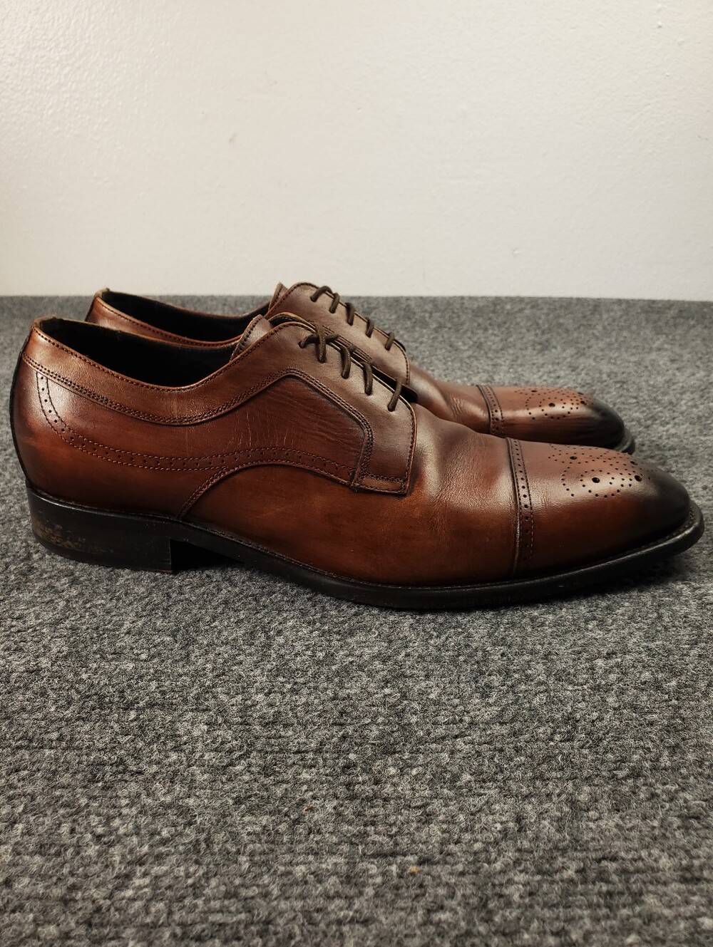 Johnston & Murphy Ellsworth Cap Toe Derby Shoes 12 Brown Calfskin Leather Italy